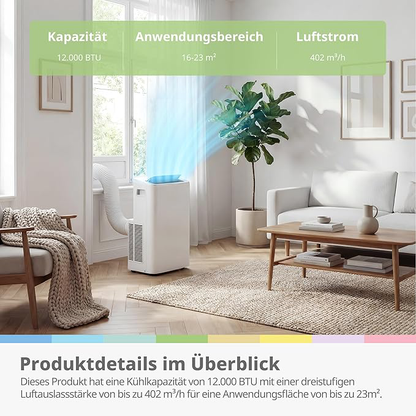 Greif PRO - Mobile Klimaanlage 4-in-1, Kapazität 12000 BTU/h, Kühlung, Belüftung, Heizung, Entfeuchtung
